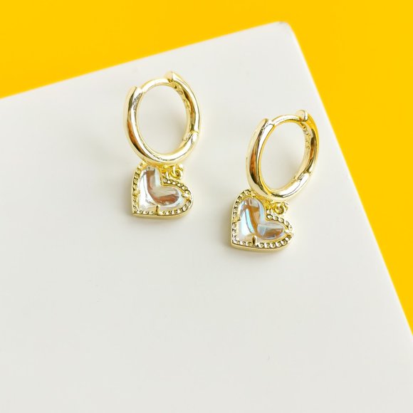 Ari Heart Gold Dichroic Glass Huggie Earrings - Picture 2 of 3